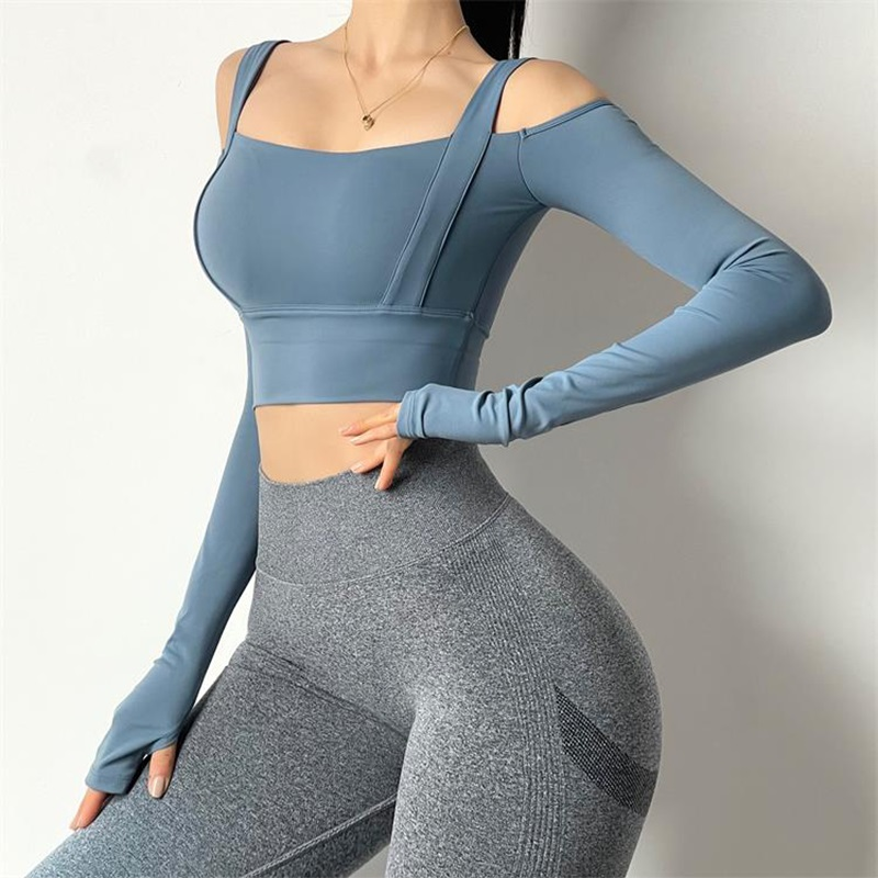 Solid Color Long Sleeve Sexy Off Shoulder Sportswear