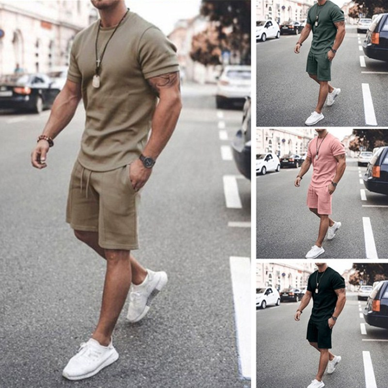 Summer Solid Men Tracksuit 2 Piece Set