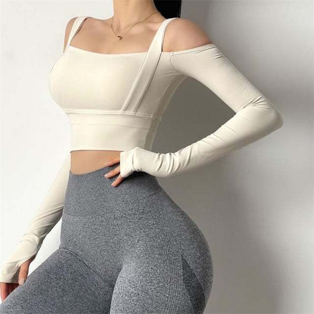 Solid Color Long Sleeve Sexy Off Shoulder Sportswear