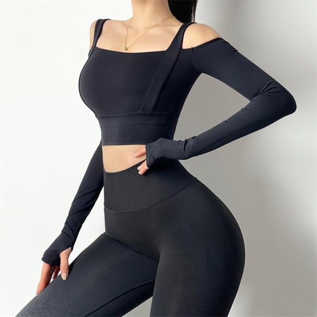 Solid Color Long Sleeve Sexy Off Shoulder Sportswear